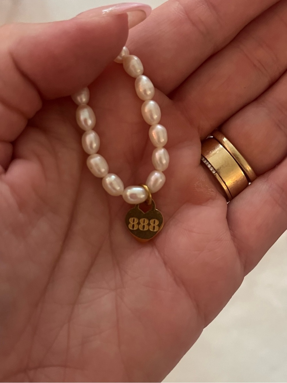 Pearl Bead Necklace with Gold Angel Number Heart Charm